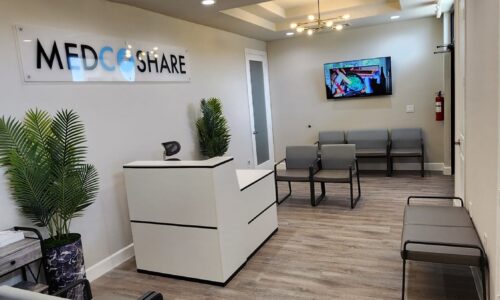 MedCoShare lobby in Pearland, Texas, near Houston.